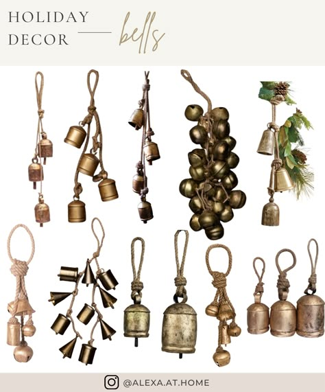 Holiday Decor - Bells Brass Christmas Bells, Cow Bell Decor Ideas, Gold Christmas Bells, Christmas Rules, Bell Decor, Bell Decorations, Decor Storage, Christmas Mantle, Boho Christmas