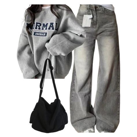 Outfit:Korean Baggy Denim Pants+Oversized Normal Graphic Sweatshirt+Large Capacity Solid Black Shoulder Bag - Outfit Street Style Outfits Casual, Baggy Clothes, Baggy Denim, Outfit Inspo Casual, Tomboy Style Outfits, Cute Everyday Outfits, Really Cute Outfits, Cute Simple Outfits, Casual Style Outfits