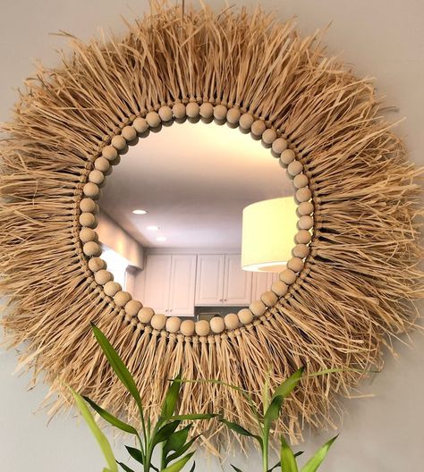 Handmade Round Shape Raffia Mirror With Unfinished Wood Bead, Gift, Boho Decor , Wall Art, Wall Hanging ,home Decor - Etsy Turkey Boho Mirror Decor, Raffia Mirror, Boho Mirrors, Boho Mirror, Macrame Mirror, Mirror Frame Diy, Floral Mirror, Bamboo Mirror, Frame Diy