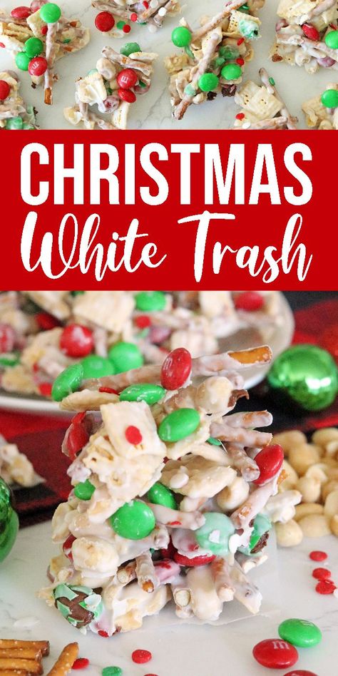 Christmas White Trash Recipe is an easy no bake Christmas Snack Mix that is loaded with sweet and salty flavors. Serve up for family in a hurry! Christmas White Trash, White Trash Snack Mix, Trash Recipe, White Trash Recipe, Christmas Snack Mix, Christmas Snacks Easy, Holiday Desserts Christmas, Christmas Snack, Chex Mix Recipes