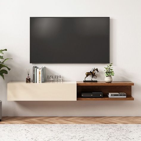 Modern 86.6" Multifunction Floating Wall-mounted TV Cabinet White & Walnut Open-storage Media Console Mounted Entertainment Center, Tv Cabinet With Storage, Small Tv Cabinet, Tv Cabinet White, Floating Tv Cabinet, Floating Tv Console, Wall Mount Tv Stand, Television Stand, Wall Mounted Tv Cabinet