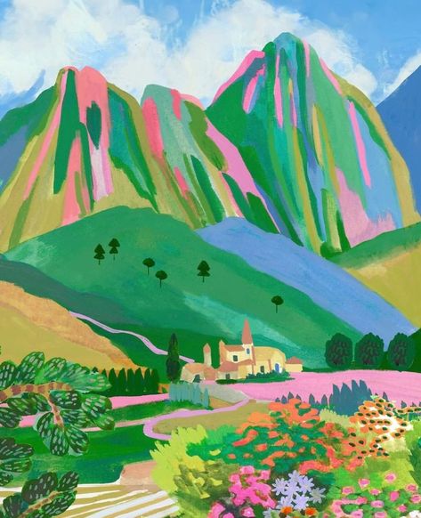 All posts • Instagram Travel Illustration Art, Typography Fashion, Mountain Drawing, Mountain Illustration, Colorful Mountains, Rainbow Mountain, Posca Art, Italian Countryside, The Dolomites