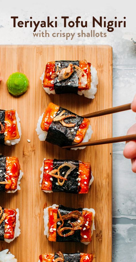 Best Vegan Sushi, Tofu Sushi Recipes, Vegan Sushi Sandwich, Tofu Recipes Japanese, Sushi Recipes Vegan, Vegan Sushi Ideas, Vegetarian Sushi Bake, Veg Sushi Recipes, Vegan Nigiri