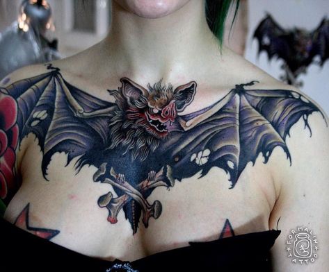 Neotraditional Bat Tattoo, Bat Chest Tattoo, Bats Tattoo Design, Hipster Tattoo, Bat Tattoo, Witch Tattoo, Sweet Tattoos, Chest Piece Tattoos, Gothic Tattoo