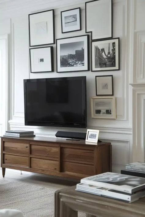 23 Stylish TV Wall Decor Ideas Gallery Wall Tv Mounted Tv, Old Tv Wall Cutout Ideas, 65" Tv Wall Ideas, Livingroom Tv Wall Ideas Mount Tv Flat Screen Tvs, 65” Tv Gallery Wall, Tv Shelving, Big Windows Living Room, Kids Tv Room, Tv Wall Decor Ideas