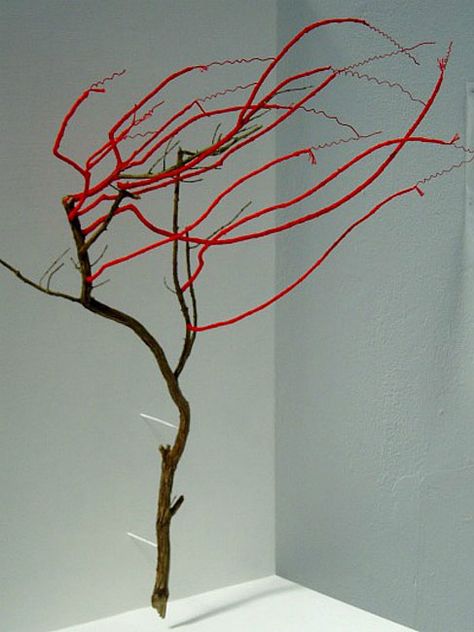 Red branch. Branch Sculpture, Painted Branches, Twig Art, Ap Studio Art, Bio Art, Study Group, Sustainable Art, Branch Decor, Painted Sticks