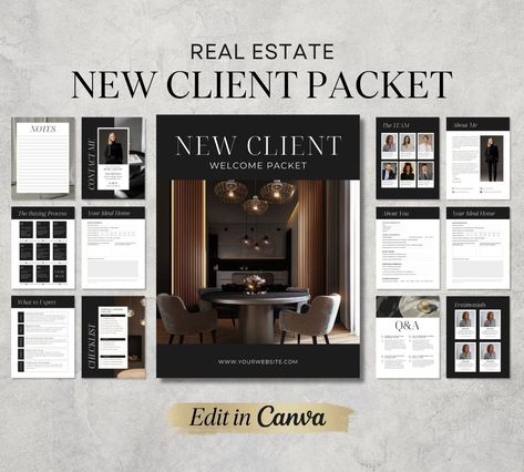 Real Estate New Client Packet | Home Buyer Packet | Real Estate Marketing Template | Client Onboarding Packet | Welcome Packet | Buyer Questionnaire A luxury real estate new client packet for client onboarding. This home buyer packet includes a buyer's questionnaire and roadmap to help you guide new clients with their new home search. Onboard clients with the information sheet and find out exactly what they are looking for in a home and understand their needs. This buyer packet can be downloaded and printed or saved as a PDF and emailed to clients as an e-book. Canva is an easy-to-use platform for customising templates. Edit text, colours, fonts, and images all on Canva templates. ✩TEMPLATE INCLUDES✩ 16 page Canva template (US letter size) Buyer's Welcome Pack Content: *  3 cover design op Real Estate Book Cover Design, Real Estate Listing Packet, Buyer Consultation Packet, New Development Home, Real Estate Welcome Packet, Real Estate Buyers Packet, Real Estate Template Design, Welcome Packets For New Clients, Open House Ideas Real Estate Set Up