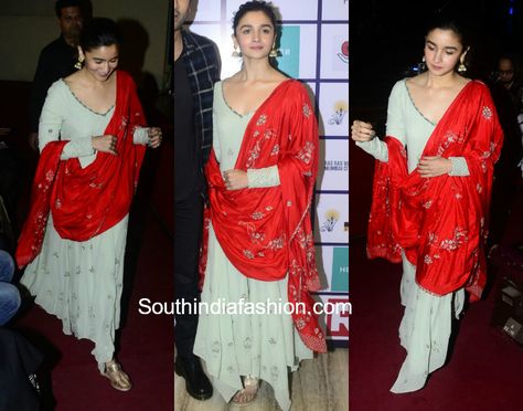 Alia Bhatt's Ethnic Look Red Dupatta Combination Suit, Straight Kurti Designs, Minimal Make Up, Medical Conference, Gold Jhumkas, Red Dupatta, Blue Anarkali, Ethnic Dresses, Cotton Frocks