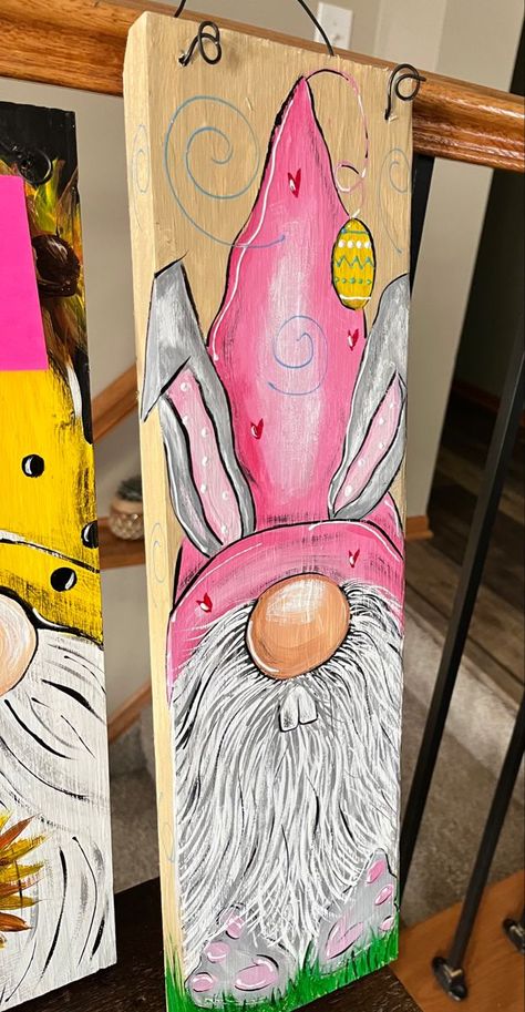 Bunny Gnome Painting, Spring Gnomes Painted On Wood, Easter Board Signs, Gnome Painting Canvas Diy, Easter Gnome Painting, Gnomes Crafts Wood, Painted Gnomes On Wood, Spring Gnome Painting, Easter Paintings On Canvas