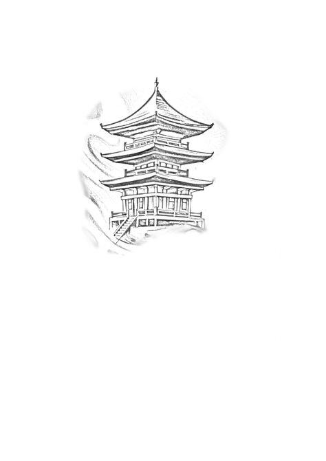 Japan Temple Tattoo, Japanese Architecture Tattoo, Pagoda Drawing, Max Tattoo, Building Tattoo, Leg Tats, Bee Tattoos, Temple Tattoo, Japan Temple