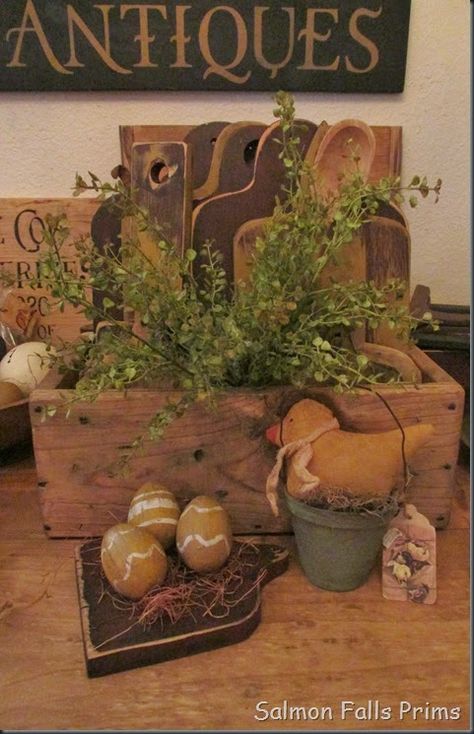 spring Primitive Spring Decor, Primitive Easter Decor, Primitive Spring, Primitive Easter, Easter Items, Easter Tablescapes, Prim Decor, Easter Decorating, Primitive Furniture