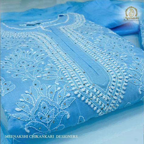 Stunning Sky-Blue Chikankari Kurta by Meenakshi Designers. Step into elegance with our sky-blue Chikankari kurta, handcrafted with love in Lucknow. Perfect for any Occastion, this outfit blends traditional craftsmanship with modern style. 🔹 Authentic Lucknow Chikankari 🔹 Beautiful sky-blue color 🔹 Ideal for party wear Inframe: @jyothikamunirathnamoffl . . . . . . . Visit our stores: Hyderabad: Banjara Hills | Gachibowli | Chandanagar | Vizag For more information.📞 Contact us: 9115573999... Chikankari Kurta, Lucknowi Chikankari, Celebrity Closet, Women's Fashion Set, Indian Embroidery, Hand Embroidery Design, Beautiful Sky, Celebrity Dresses, Festival Outfit