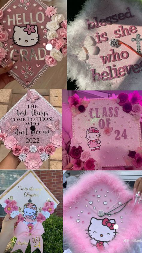 Hello Kitty Collage, Hello Kitty Graduation, Senior Painted Jeans, Teacher Graduation Cap, Graduation Hats, Graduation Cap Decoration Diy, High School Graduation Cap, Grad Cap Designs, 8th Grade Graduation