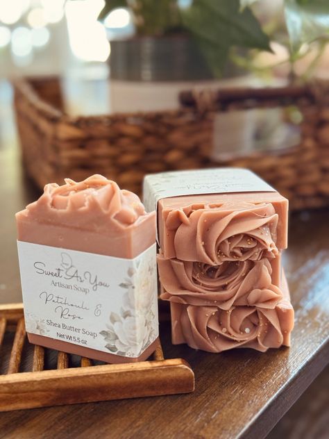 This lovely Patchouli Rose soap smells amazing, Is a feminine and glamorous soap with earthy notes of Patchouli, amber, and Rose. Enriched with Organic Shea Butter, and luxurious oils you'll feel your skin pampered! Soap Sample Packaging Ideas, Fancy Skincare, Aesthetic Soap, Soap Aesthetic, Beeswax Soap, Soap Design Ideas, Valentine Soap, Soap Photography, Soap Design