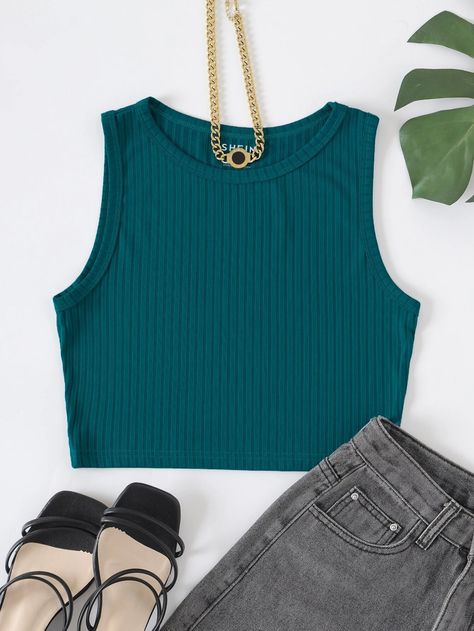 SHEIN EZwear Solid Ribbed Knit Tank Top | SHEIN USA Teal Top Outfit Summer, Sleeveless Tshirt Outfit Women, Teal Tank Top Outfit, Turquoise Tank Top, Teal Top Outfit, Teal Outfit, Teal Outfits, Cute Outfits With Shorts, Teal Fashion