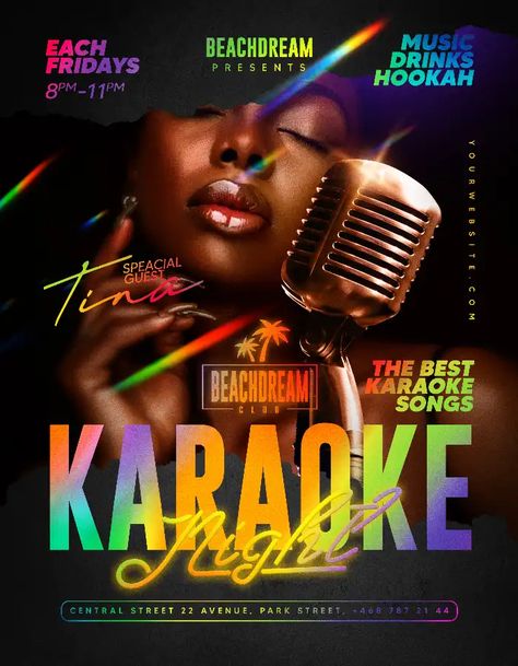 Download the Free Karaoke Night Party Flyer Template for Photoshop! Free Flyer Design, Abstract Artwork Painting, Karaoke Night, Free Psd Flyer Templates, Free Psd Flyer, Flyer Design Layout, Party Flyer Template, Karaoke Party, Music Flyer