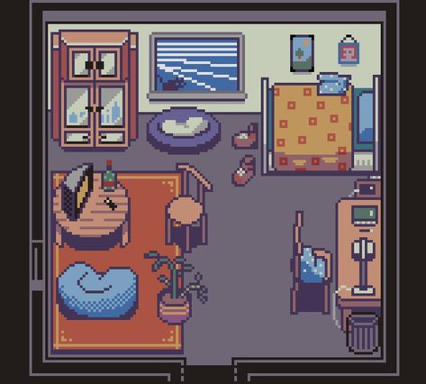 Pixel Art Room 2d, 2d Game Art Style, Pixel Art House Interior, Pixel Room Art, Pixel Art Room Decor, Bedroom Pixel Art, Pixel Art Furniture, Pixel Bedroom, Home Pixel Art