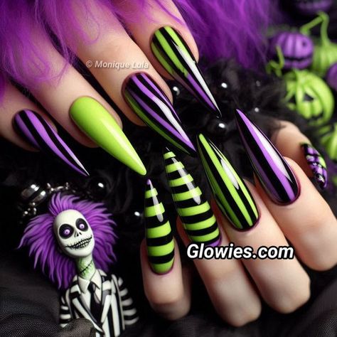 Purple N Blue Nails, Fun Nail Ideas Acrylic, Beetlejuice Acrylic Nails, Bettle Juice Nail Ideas, Rave Nails Festivals, Beetlejuice Nails Acrylic, Beetlejuice Nail Designs, Halloween Nails Beetlejuice, Neon Halloween Nails