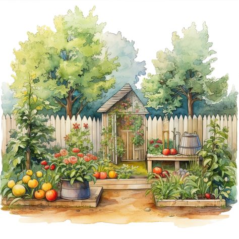 Orchard Drawing, Garden Drawings, Notion Setup, Garden Huts, School Drawing, Vintage Houses, Drawing Nature, Futuristic Building, Urban Painting