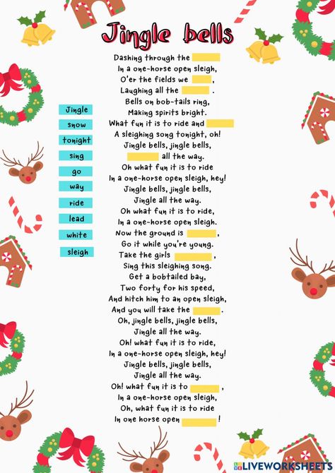 Jingle Bell Song, Jingle Bells Lyrics, Song Worksheet, One Horse Open Sleigh, Making Spirits Bright, Sight Words Kindergarten, Jingle All The Way, Jingle Bell, Jingle Bells