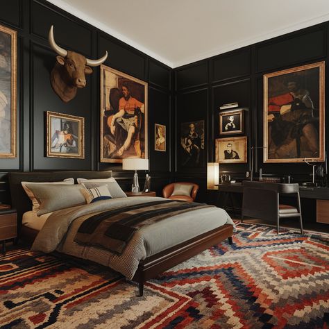 A masculine black-walled bedroom exudes confidence and sophistication. By incorporating textured elements like rough-hewn wood, rich fabrics, or layered rugs, the room gains warmth and dimension without sacrificing its sleek, edgy vibe. Textured decor brings a tactile experience, balancing the dark backdrop with softness, while enhancing the overall aesthetic. Bedroom Ideas With White Walls, Mens Bedroom Ideas Masculine Interior, Men's Bedroom, Rough Hewn Wood, Masculine Interior, Textured Decor, Masculine Bedroom, Mens Bedroom, Bedroom Decor Cozy