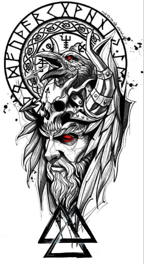 Viking Realism Tattoo, Thor Tattoo Norse Mythology, Viking Drawing Warriors, Jormungandr Tattoo Design, Oden Tattoo, Viking Tattoo Stencil, Norse Mythology Wallpaper, Norse God Tattoo, Old Norse Tattoo