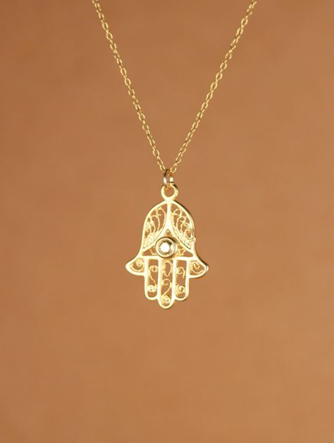 Hamsa necklace - gold hamsa charm - protection - amulet - a filigree style 22k gold overlay hamsa on a 14k gold vermeil or satellite chain Hamsa Necklace Gold, Hamsa Charm, Gold Hamsa, Hamsa Necklace, Protection Amulet, Gold Overlay, Silver Filigree, Fashion Accessories Jewelry, Gold Filled Chain