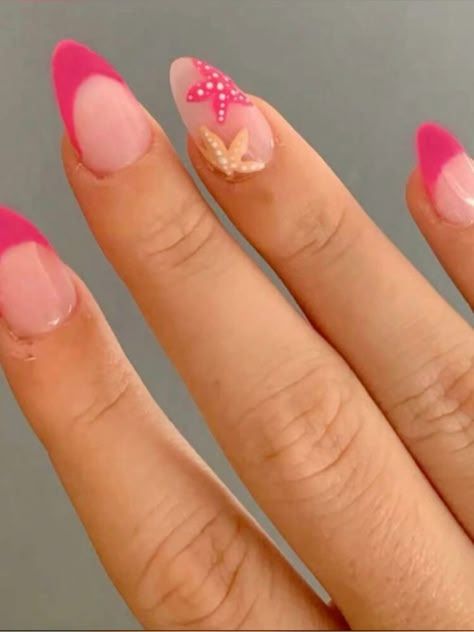 Cute Nails Tropical, Nail Ideas For Almond Nails, Coastal Nails Almond, Cute Nails Beach, Bright Beachy Nails, Beach Nails Starfish, Sunset Beach Nails, Cute Almond Summer Nails, Cute Ocean Nails