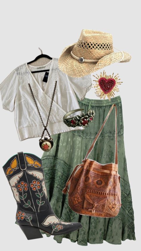 #springoutfit #country #outfit Boho Country Outfits, Hippie Cowgirl Style, Midsize Outfit, Wardrobe Revamp, Hippie Cowgirl, Country Outfit, Midsize Outfits, Basic Wardrobe, Western Outfit