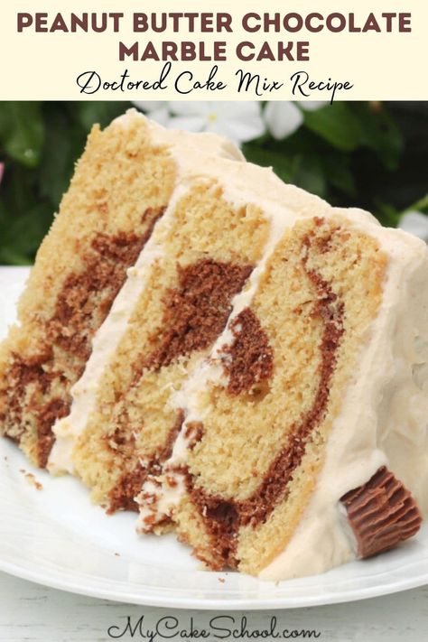 Butter Whipped Cream Frosting, Peanut Butter Whipped Cream Frosting, School Cakes, Doctored Cake Mix Recipes, Peanut Butter Whipped Cream, Chocolate Marble Cake, Cake Mix Doctor, Doctor Cake, Chocolate Peanut Butter Cupcakes