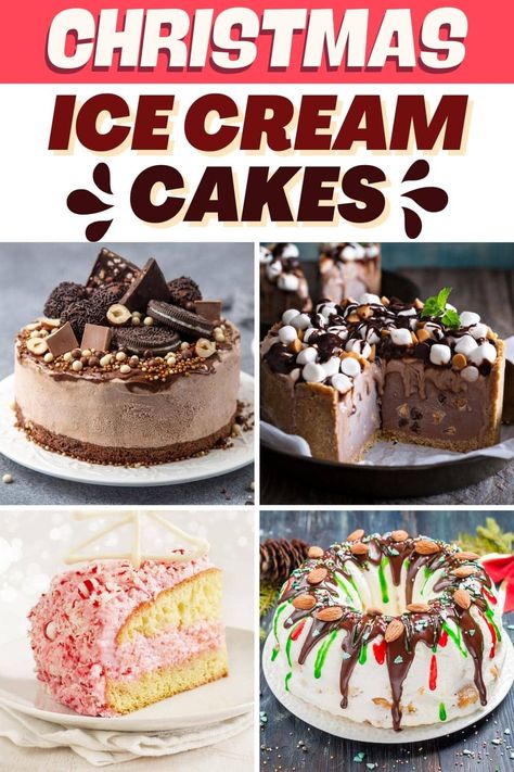 Christmas Ice Cream Cakes Ice Cream Christmas Desserts, Ice Cream Cake Christmas, Cherry Ice Cream Cake, Christmas Ice Cream Desserts, Snickers Ice Cream Cake, Ice Cream Cake Roll, Christmas Pudding Ice Cream, Freezer Treats, Chocolate Cherry Ice Cream