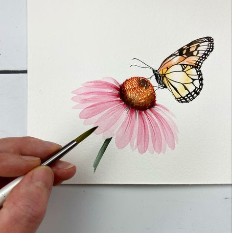 Butterfly Painting Easy, Butterfly On A Flower, Watercolour Butterfly, Echinacea Flower, Watercolour Tutorial, Watercolour Drawings, Butterfly On Flower, Acrylic Art Projects, Butterfly Art Painting