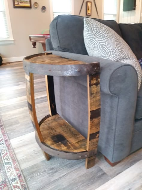 Whiskey Barrel Furniture Ideas, Diy Whiskey Barrel Projects, Bourbon Barrel End Table, Wine Barrel Side Table, Whiskey Barrel End Table, Bourbon Barrel Projects, Whiskey Barrels Ideas, Whisky Barrel Table, Bourbon Decor