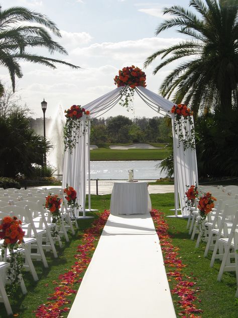 Red And White Wedding Ceremony, Red Backyard Wedding, Wedding Aisle Red, Lake Wedding Ceremony, White And Red Wedding, Burgundy Wedding Theme, Red And White Wedding, Rose Wedding Theme, Ceremony Decorations Outdoor