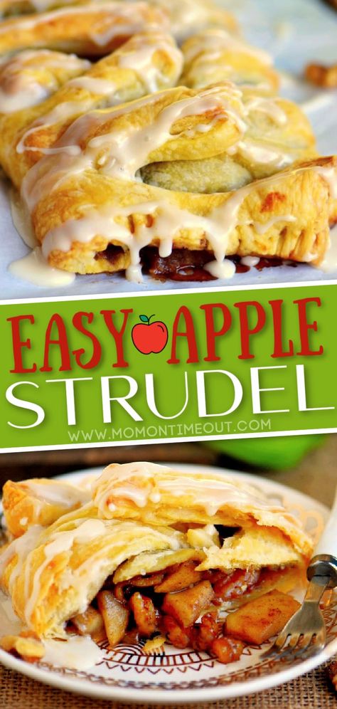 Easy Apple Strudel, Quick Apple Dessert, Puff Pastry Apple, Strudel Recipes, Mom On Timeout, Apple Puff Pastry, Easy Puff, Apple Walnut, Easy Puff Pastry