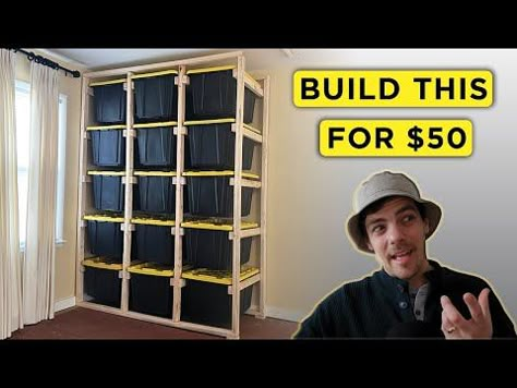 Easy DIY Tote Storage Rack | Build for under $50 - YouTube Diy 27 Gallon Tote Storage Rack, Black And Yellow Tote Storage Shelf, Costco Bin Storage, Diy Bin Storage Shelves, Costco Bin Storage Rack, Tote Box Storage Ideas, Storage Rack For Totes, Storage Container Shelving, Black And Yellow Tote Storage Plans