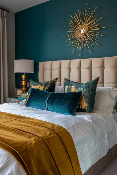 Teal Wall Decor Bedroom Ideas, Teal Mustard Bedroom, Dark Teal Room Ideas, Indian Themed Bedroom, Teal Wall Bedroom Ideas, Teal Decorating Ideas, Deep Teal Bedroom, Teal Wall Bedroom, Teal Room Ideas