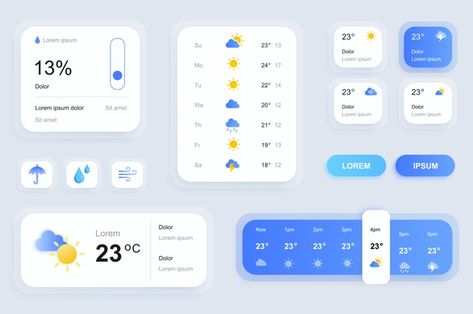 Gui elements for weather forecast mobile... | Premium Vector #Freepik #vector #templates #clouds #button #sun Weather Forecast Design, Weather App Design, Weather Ui, Weather Widget, Computer Website, Weather Cards, Card Ui, Ui Design Trends, Weather App