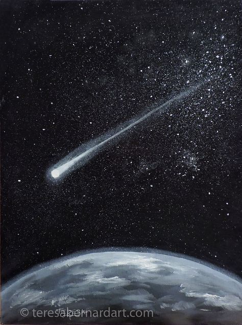 space art, comet, outer space, oil painting, Teresa Bernard Comet Painting Easy, Astronomy Painting Ideas, Star Oil Painting, Astronomy Painting Easy, Space Paintings Easy, How To Paint Space, Meteor Painting, Planet Drawing Art, Painting Ideas Space