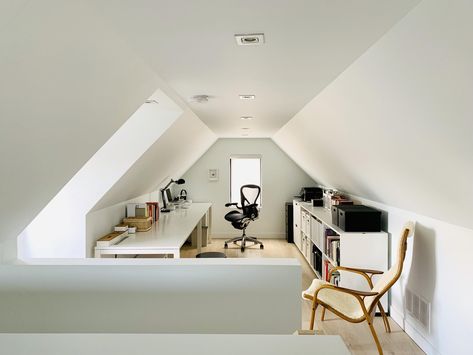 Attic Makeover, Attic Office, Wrought Iron Bed, Shiplap Ceiling, Small Workspace, Stand Alone Tub, Attic Renovation, Loft Room, Renovation Design