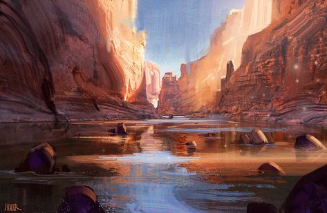 ArtStation - canyon reflection practice., jason scheier John Heartfield, Fantasy Setting, Fantasy Places, Matte Painting, Fantasy Art Landscapes, Environment Design, Environment Concept Art, Environmental Art, Fantasy Landscape