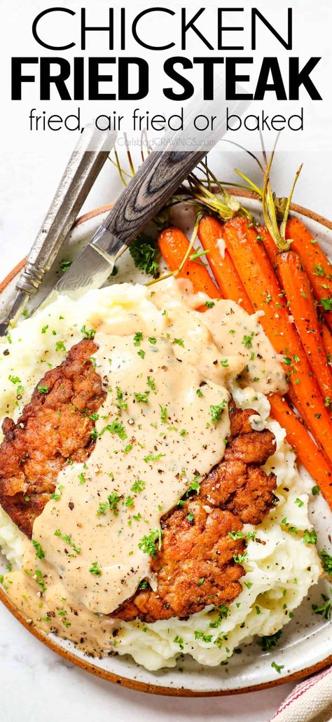 Chicken Fried Steak Country Fried Steak Recipe, Chicken Fried Steak Recipe, Fried Steak Recipes, Country Fried Steak, Country Fried, Carlsbad Cravings, Fried Steak, Chicken Fried Steak, Steak Fries