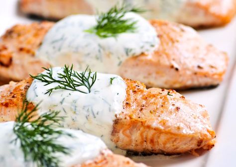 Salmon With Horseradish-Dill Sauce Frozen Salmon Recipe, Honey Salmon Recipes, Salmon Recipe Pan, Salmon With Dill, Lemon Dill Salmon, Dill Sauce For Salmon, Best Salmon Recipe, Sauce For Salmon, Poached Salmon