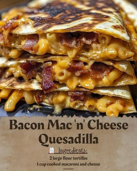 Irresistible Bacon Mac 'n' Cheese Quesadilla 🌮🧀🥓 Get ready to indulge in a cheesy, crispy delight! This Bacon Mac 'n' Cheese Quesadilla is the ultimate comfort food, perfect for sharing or enjoying all by yourself. Let us know if you try it out! Don’t forget to save this recipe for later! Ingredients: 2 large flour tortillas 1 cup of creamy macaroni and cheese 4 slices of crispy bacon, crumbled 1/2 cup of shredded cheddar cheese Instructions: 1. Assemble the Quesadilla: Spread the macaroni a... Cheese Burger Quesadilla, Burger Quesadilla, Mac N Cheese Cups, Bacon Mac N Cheese, Pokemon Food, Mac And Cheese Burger, Street Food Business, Creamy Macaroni And Cheese, Bacon Mac And Cheese