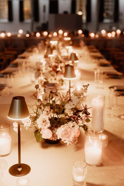 All-white tablescape, low floral clusters, and candles for wedding reception | Franzi Annika Photography Lamps Wedding Centerpieces, Dusty Rose Theme Wedding, All Candle Wedding Reception, Lamp Wedding Centerpiece, Candles Wedding Centerpieces, Wedding Lamps, Candle Light Wedding, Candle Cluster, Candles For Wedding