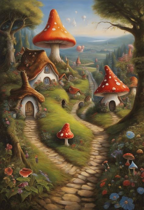 gnome inhabited village Check more at https://paintlyx.com/gnome-inhabited-village/ Gnome Village Art, Whimsical Village Art, Gnome Aesthetic, Knitting Cartoon, Gnome Forest, Painting Jobs, Scandinavian Bedroom Decor, Nordic Style Bedroom, Gnome Village