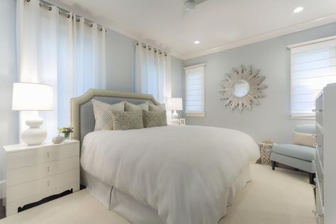 Calm and cozy, this bedroom design uses light blue, neutral and white to create a relaxed and stylish space. Blue Bedroom Paint, Best Bedroom Paint Colors, Modern Bedroom Colors, Modern Paint Colors, Best Bedroom Colors, Bedroom Colour Palette, Transitional Bedroom, Bedroom Wall Colors, Bedroom Color Schemes