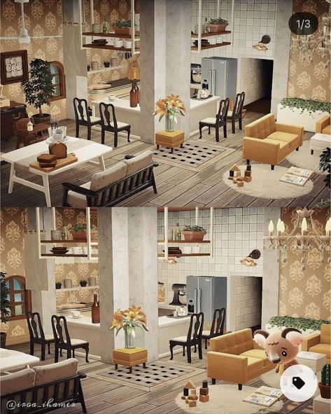 Acnh Living Room Kitchen Design, Animal Crossing Happy Home Paradise Island Ideas, Acnh Hhp Melba, Acnh Interior Designs Living Room, Animal Crossing House Ideas Interior, Acnh Living Rooms Ideas, Villager House, Indoor Designs, Acnh Hhp