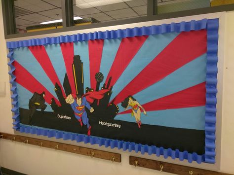 Superhero bulletin board Comic Strip Bulletin Board, Super Hero Bulletin Board Ideas, Safety Bulletin Board Ideas, Safety Bulletin Board, Superhero Display, Hero Bulletin Board, Class Charter, Superhero Bulletin Boards, Pta Bulletin Boards