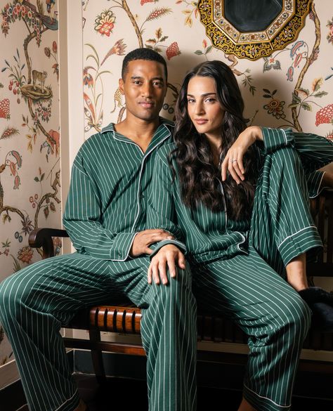 These 100% Peruvian Pima Cotton pajamas channel a classic holiday aesthetic through a timeworn pattern. 🤍 Plaid Matching Pajamas, Family Pajama Sets Green, Green And White Striped Christmas Pajamas, Cheap Cotton Holiday Sets, Family Pajama Sets Pretty Little Deal Store, Luxury Green Men's Sets, Bearish Pajamas, Luxury Fitted Men's Sets, Luxury Men's Sets